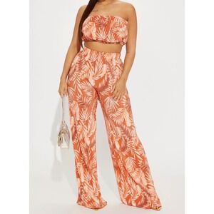 Fashion Nova Island Dreams Plisse Pant Set Rust Tropical Print Tube Top Medium